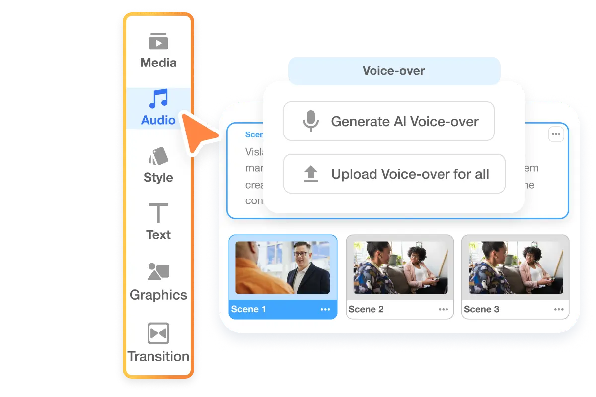 Visla's AI voice over feature offers dual customizations including In-Sence Voice Recording and Audio File Synchronization
